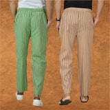 Combo of 2 Men Beige Olive Green Cotton Handloom Stripe Pant-15087