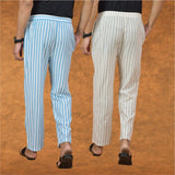 Combo of 2 Men Beige Sky Blue Cotton Handloom Stripe Pant-15018