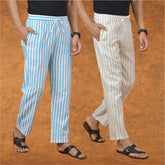 Combo of 2 Men Beige Sky Blue Cotton Handloom Stripe Pant-15018