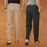 Combo of 2 Men Black Beige Cotton Handloom Stripe Pant-15113