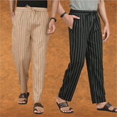 Combo of 2 Men Black Beige Cotton Handloom Stripe Pant-15113
