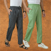 Combo of 2 Men Black Olive Green Cotton Handloom Stripe Pant-15043