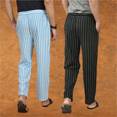 Combo of 2 Men Black Sky Blue Cotton Handloom Stripe Pant-15069