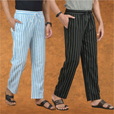 Combo of 2 Men Black Sky Blue Cotton Handloom Stripe Pant-15069