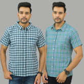 Combo of 2 Men Cotton Checks Shirts Blue and Green-25560