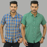 Combo of 2 Men Cotton Checks Shirts Green and Blue-25536