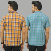 Combo of 2 Men Cotton Checks Shirts Mustard and Green-25553