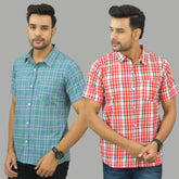 Combo of 2 Men Cotton Checks Shirts Pink and Green-25555