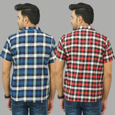Combo of 2 Men Cotton Checks Shirts Red and Blue-25486