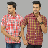 Combo of 2 Men Cotton Checks Shirts Red and Pink