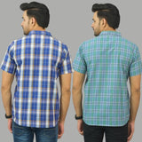 Combo of 2 Men Cotton Checks Shirts Royal Blue and Green
