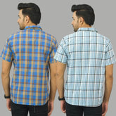 Combo of 2 Men Cotton Checks Shirts Sky Blue and Blue