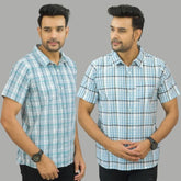 Combo of 2 Men Cotton Checks Shirts Sky Blue and Gray