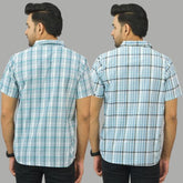 Combo of 2 Men Cotton Checks Shirts Sky Blue and Gray