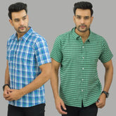 Combo of 2 Men Cotton Checks Shirts Sky Blue and Green