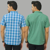 Combo of 2 Men Cotton Checks Shirts Sky Blue and Green
