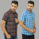Combo of 2 Men Cotton Checks Shirts Sky Blue and Maroon