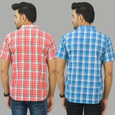 Combo of 2 Men Cotton Checks Shirts Sky Blue and Pink