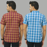 Combo of 2 Men Cotton Checks Shirts Sky Blue and Red