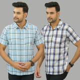 Combo of 2 Men Cotton Checks Shirts Sky Blue and White