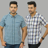 Combo of 2 Men Cotton Checks Shirts White and Blue