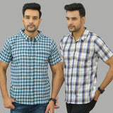 Combo of 2 Men Cotton Checks Shirts White and Blue