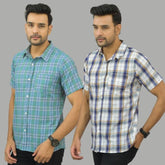 Combo of 2 Men Cotton Checks Shirts Gray and Blue-25663