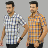 Combo of 2 Men Cotton Checks Shirts White and Mustard