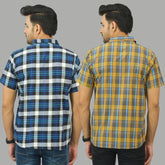 Combo of 2 Men Cotton Checks Shirts Yellow and Blue
