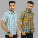 Combo of 2 Men Cotton Checks Shirts Yellow and Gray