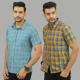 Combo of 2 Men Cotton Checks Shirts Yellow and Green