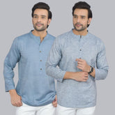 Combo of 2 Men Cotton Self Design Short Kurta Blue and Blue