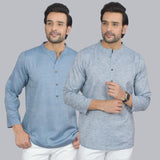 Combo of 2 Men Cotton Self Design Short Kurta Blue and Blue