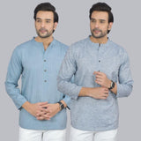 Combo of 2 Men Cotton Self Design Short Kurta Blue and Blue