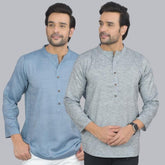 Combo of 2 Men Cotton Self Design Short Kurta Blue and Gray