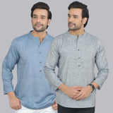 Combo of 2 Men Cotton Self Design Short Kurta Blue and Gray