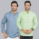 Combo of 2 Men Cotton Self Design Short Kurta Blue and Green