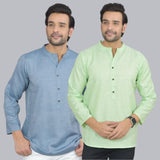 Combo of 2 Men Cotton Self Design Short Kurta Blue and Green