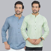 Combo of 2 Men Cotton Self Design Short Kurta Blue and Green