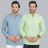 Combo of 2 Men Cotton Self Design Short Kurta Blue and Green