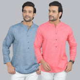 Combo of 2 Men Cotton Self Design Short Kurta Blue and Peach