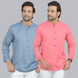 Combo of 2 Men Cotton Self Design Short Kurta Blue and Peach