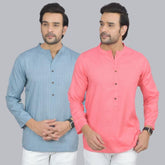 Combo of 2 Men Cotton Self Design Short Kurta Blue and Peach