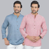 Combo of 2 Men Cotton Self Design Short Kurta Blue and Pink