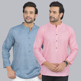 Combo of 2 Men Cotton Self Design Short Kurta Blue and Pink