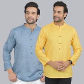 Combo of 2 Men Cotton Self Design Short Kurta Blue and Yellow