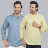 Combo of 2 Men Cotton Self Design Short Kurta Blue and Yellow