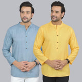 Combo of 2 Men Cotton Self Design Short Kurta Blue and Yellow