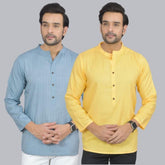 Combo of 2 Men Cotton Self Design Short Kurta Blue and Yellow