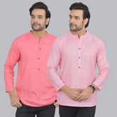 Combo of 2 Men Cotton Self Design Short Kurta Peach and Beige